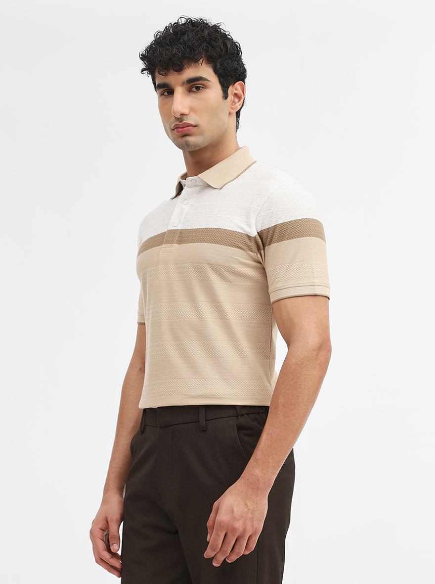 Beige Striped Slim Fit Polo T-Shirt | JadeBlue