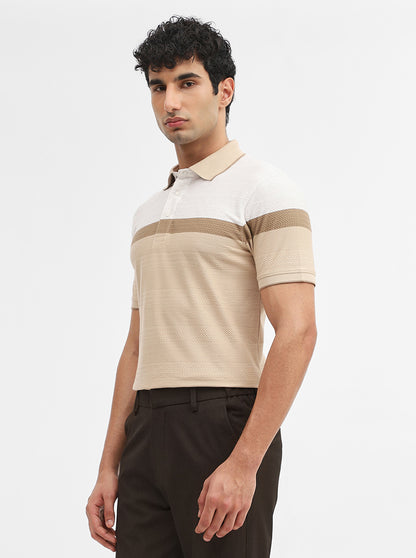 Beige Striped Slim Fit Polo T-Shirt | JadeBlue