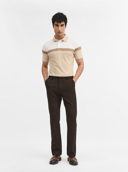 Beige Striped Slim Fit Polo T-Shirt | JadeBlue