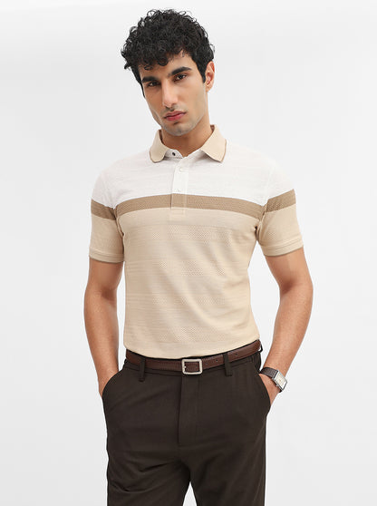 Beige Striped Slim Fit Polo T-Shirt | JadeBlue