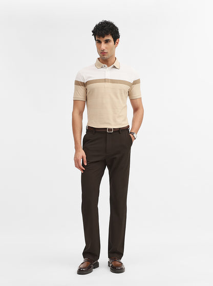 Beige Striped Slim Fit Polo T-Shirt | JadeBlue
