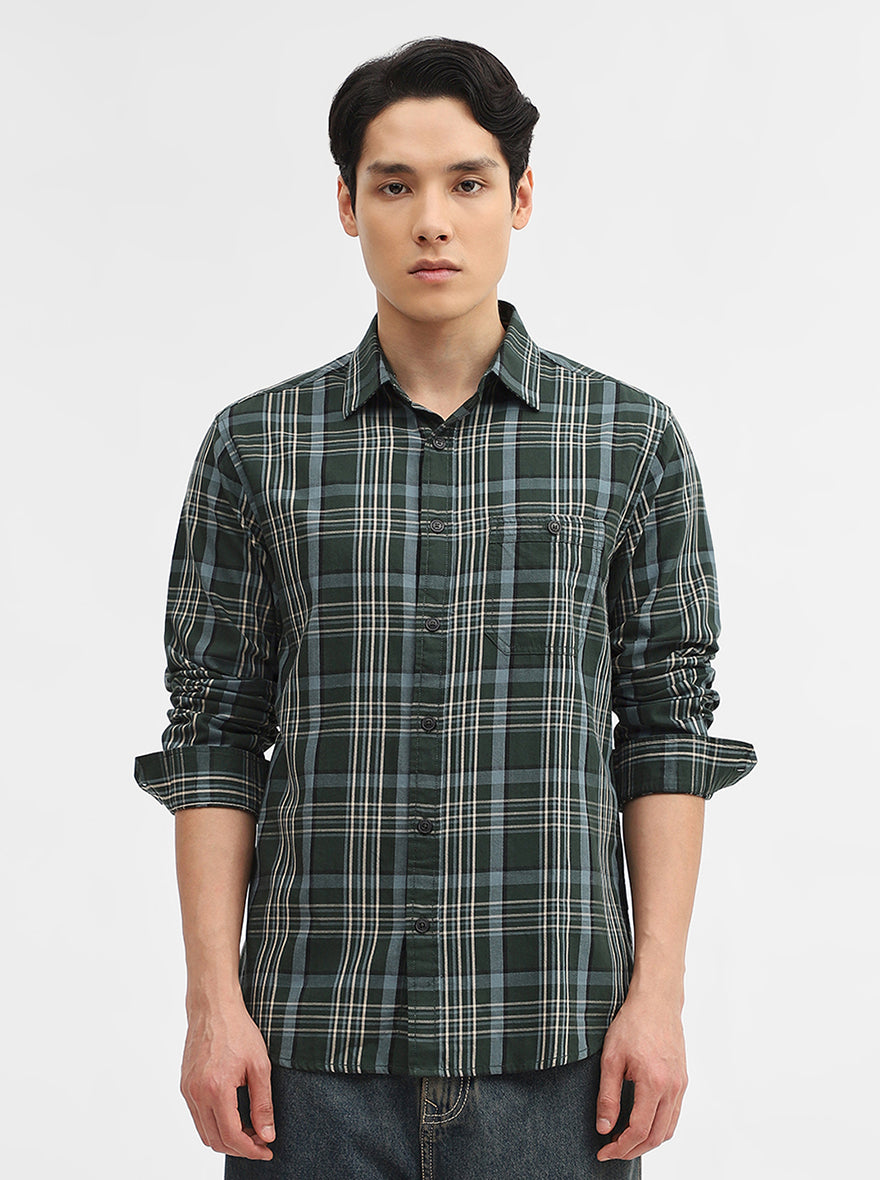 Olive Checked Slim Fit Casual Shirt | Greenfibre