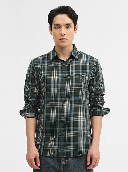 Olive Checked Slim Fit Casual Shirt | Greenfibre