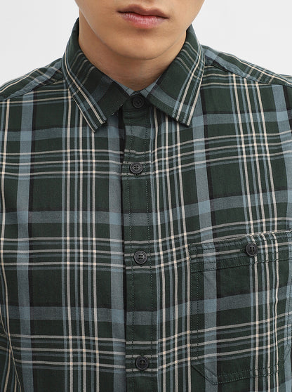Olive Checked Slim Fit Casual Shirt | Greenfibre
