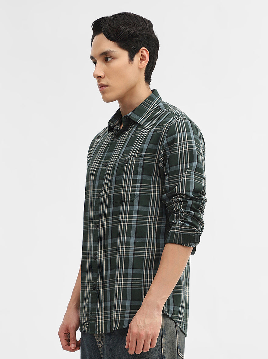 Olive Checked Slim Fit Casual Shirt | Greenfibre