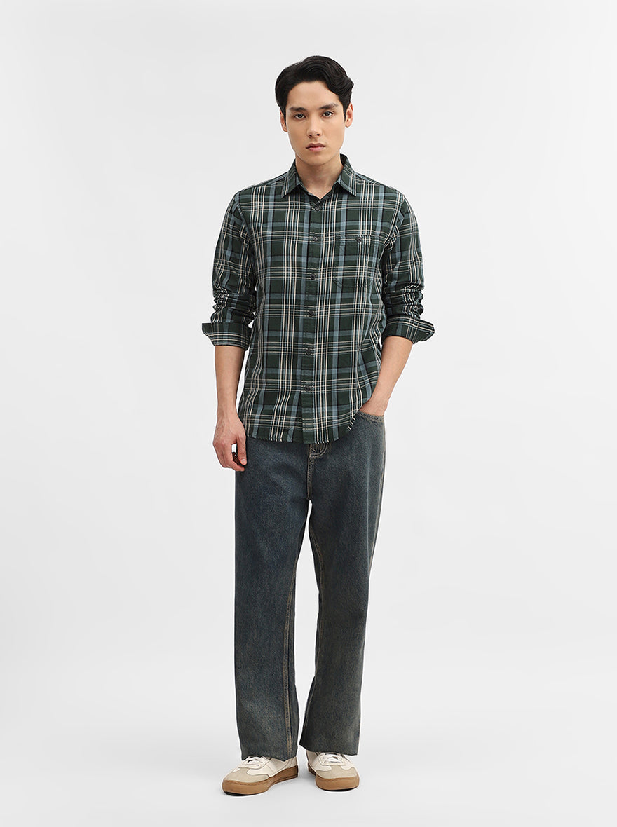Olive Checked Slim Fit Casual Shirt | Greenfibre