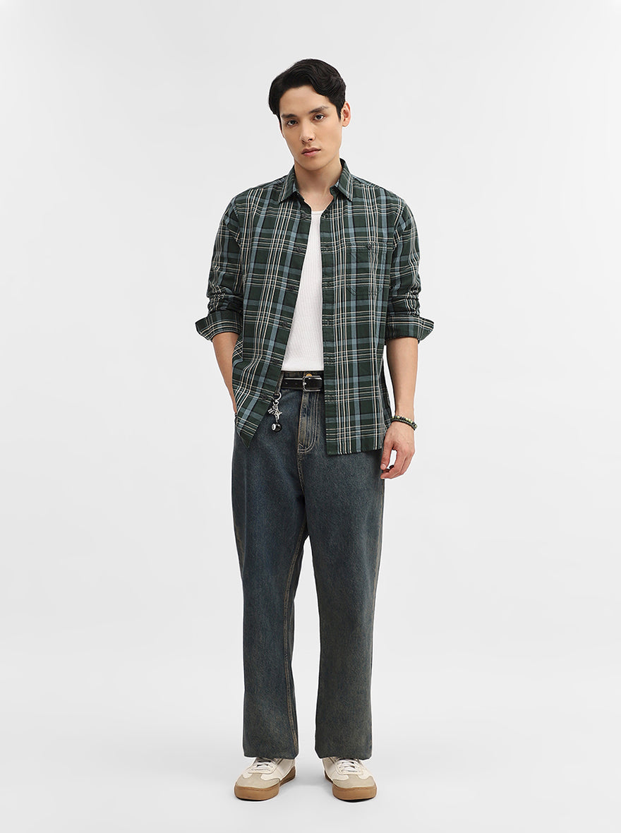 Olive Checked Slim Fit Casual Shirt | Greenfibre