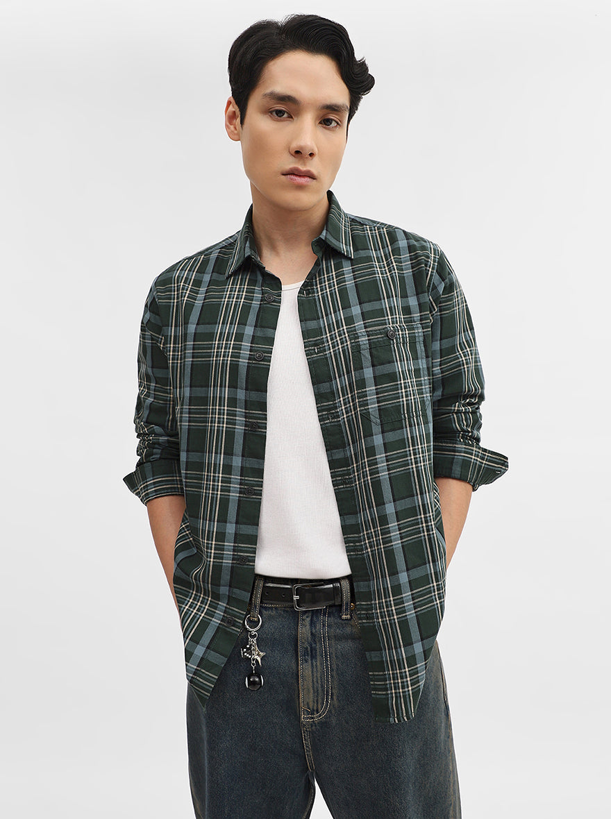 Olive Checked Slim Fit Casual Shirt | Greenfibre