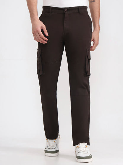Dark Olive Brown Solid Slim Fit Cargo Pant | Greenfibre