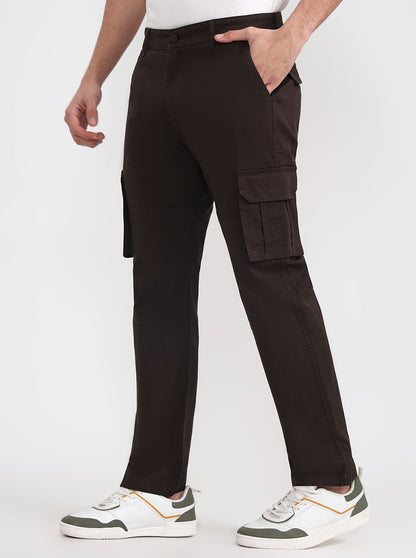 Dark Olive Brown Solid Slim Fit Cargo Pant | Greenfibre