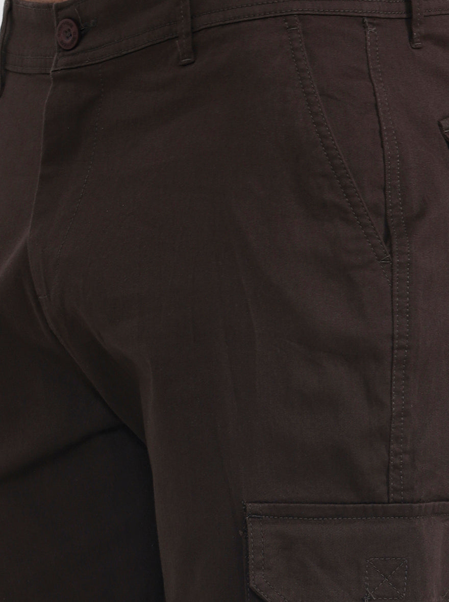 Dark Olive Brown Solid Slim Fit Cargo Pant | Greenfibre