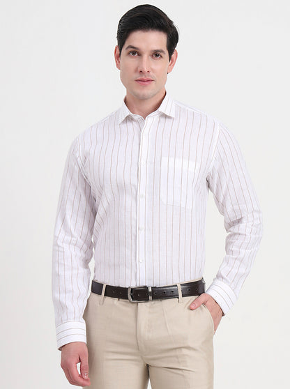 White & Brown Striped Regular Fit Formal Shirt | JadeBlue