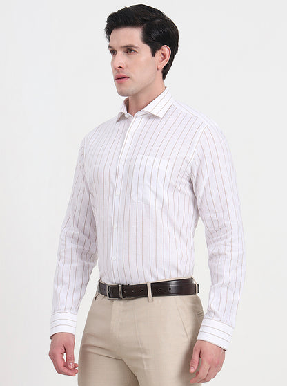 White & Brown Striped Regular Fit Formal Shirt | JadeBlue