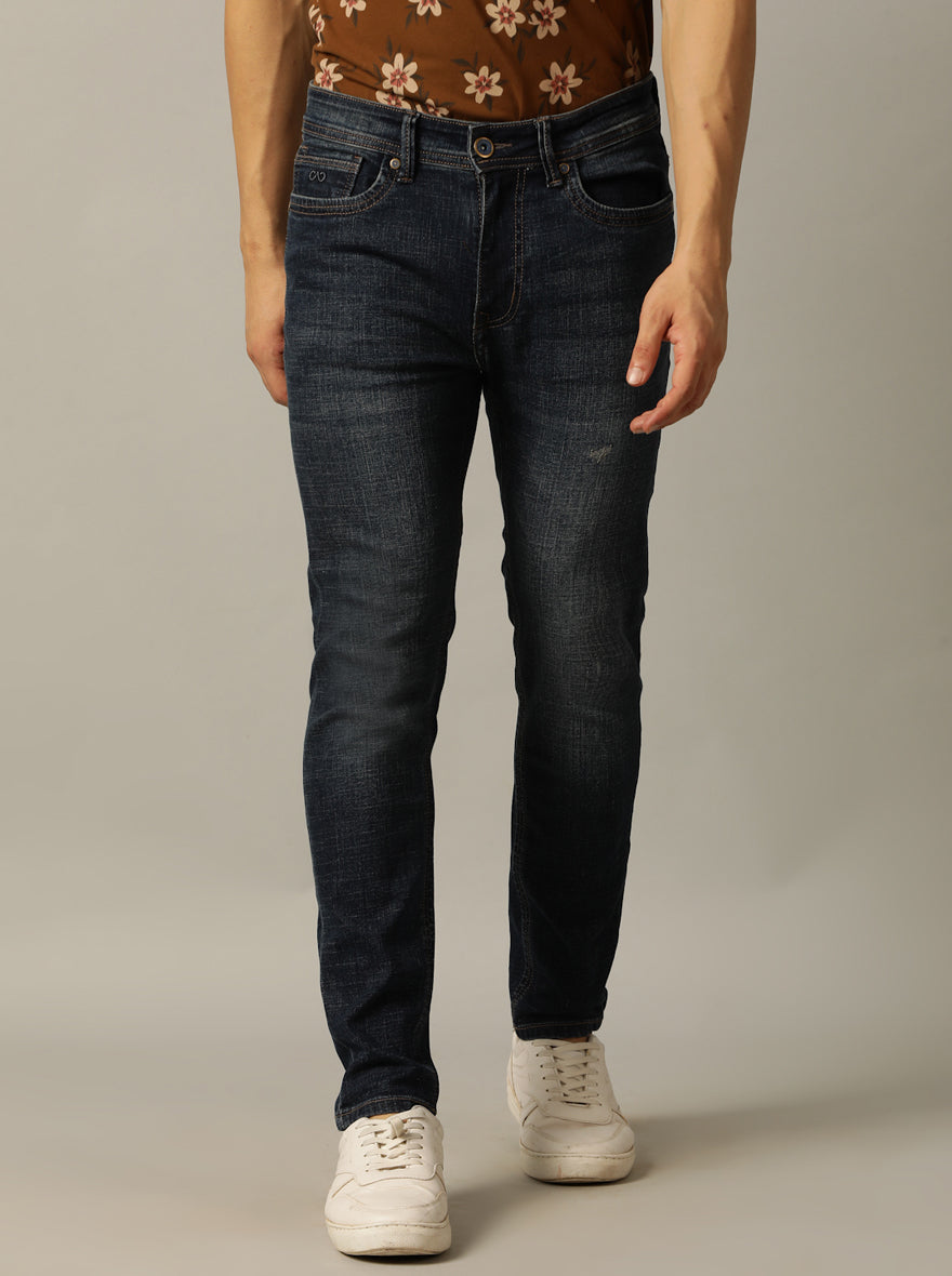 Cqlc JadeBlue Dark Blue Cotton Blend Washed Jeans - Slim Fit with - Collar