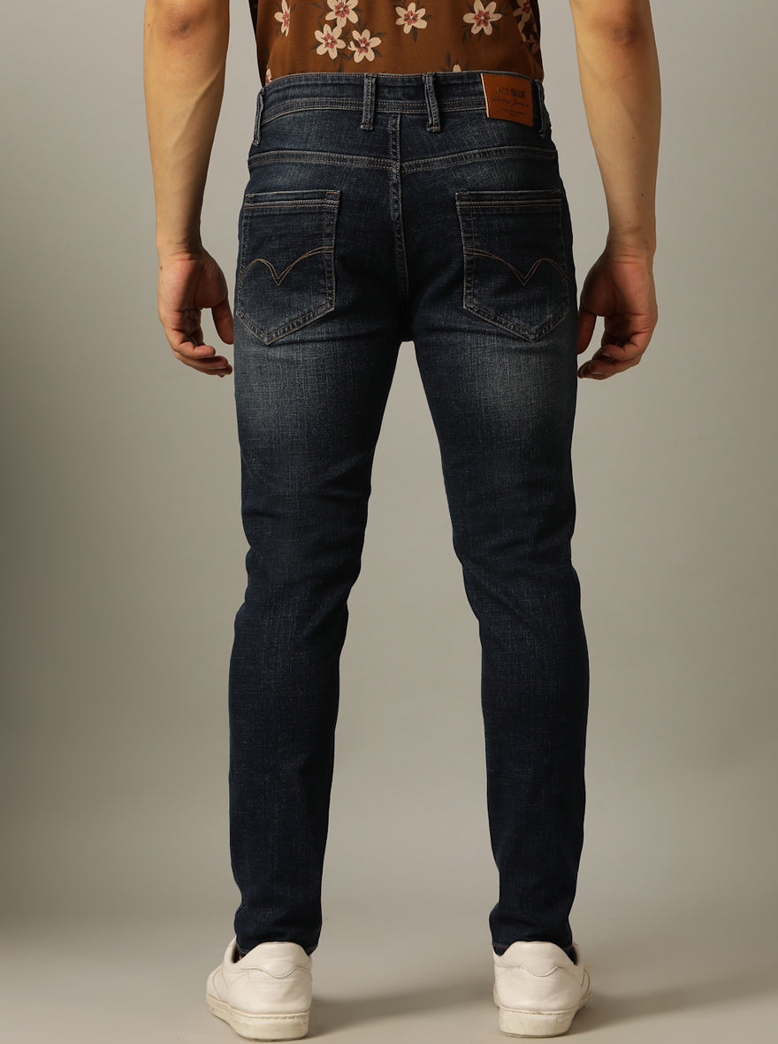 Cqlc JadeBlue Dark Blue Cotton Blend Washed Jeans - Slim Fit with - Collar