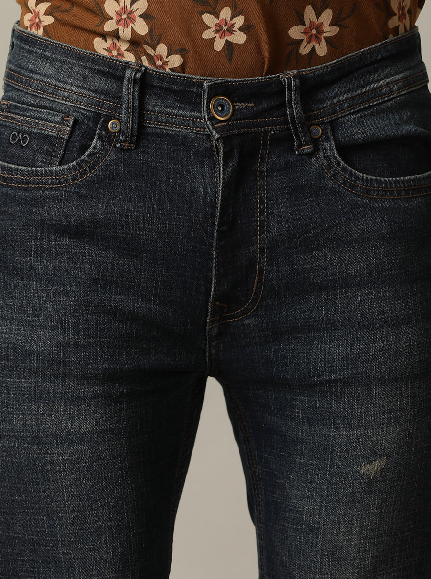 Cqlc JadeBlue Dark Blue Cotton Blend Washed Jeans - Slim Fit with - Collar