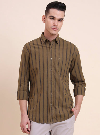 Olive Brown Striped Smart Fit Semi Casual Shirt | Greenfibre
