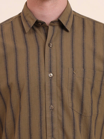 Olive Brown Striped Smart Fit Semi Casual Shirt | Greenfibre