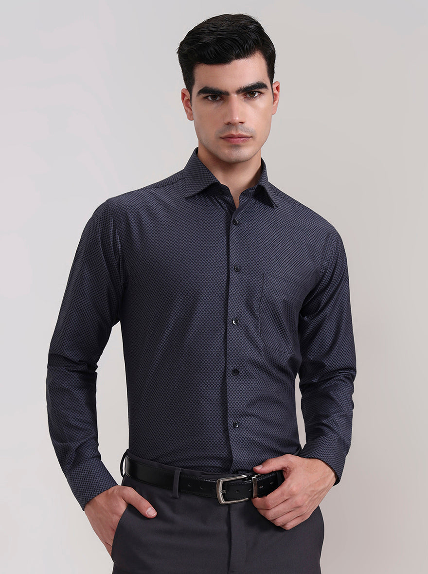 Dark Grey Printed Slim Fit Formal Shirt | Metal