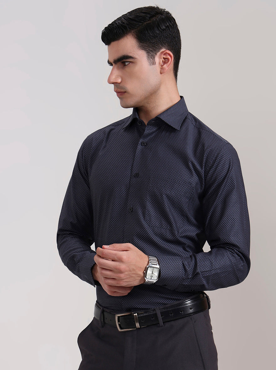 Dark Grey Printed Slim Fit Formal Shirt | Metal