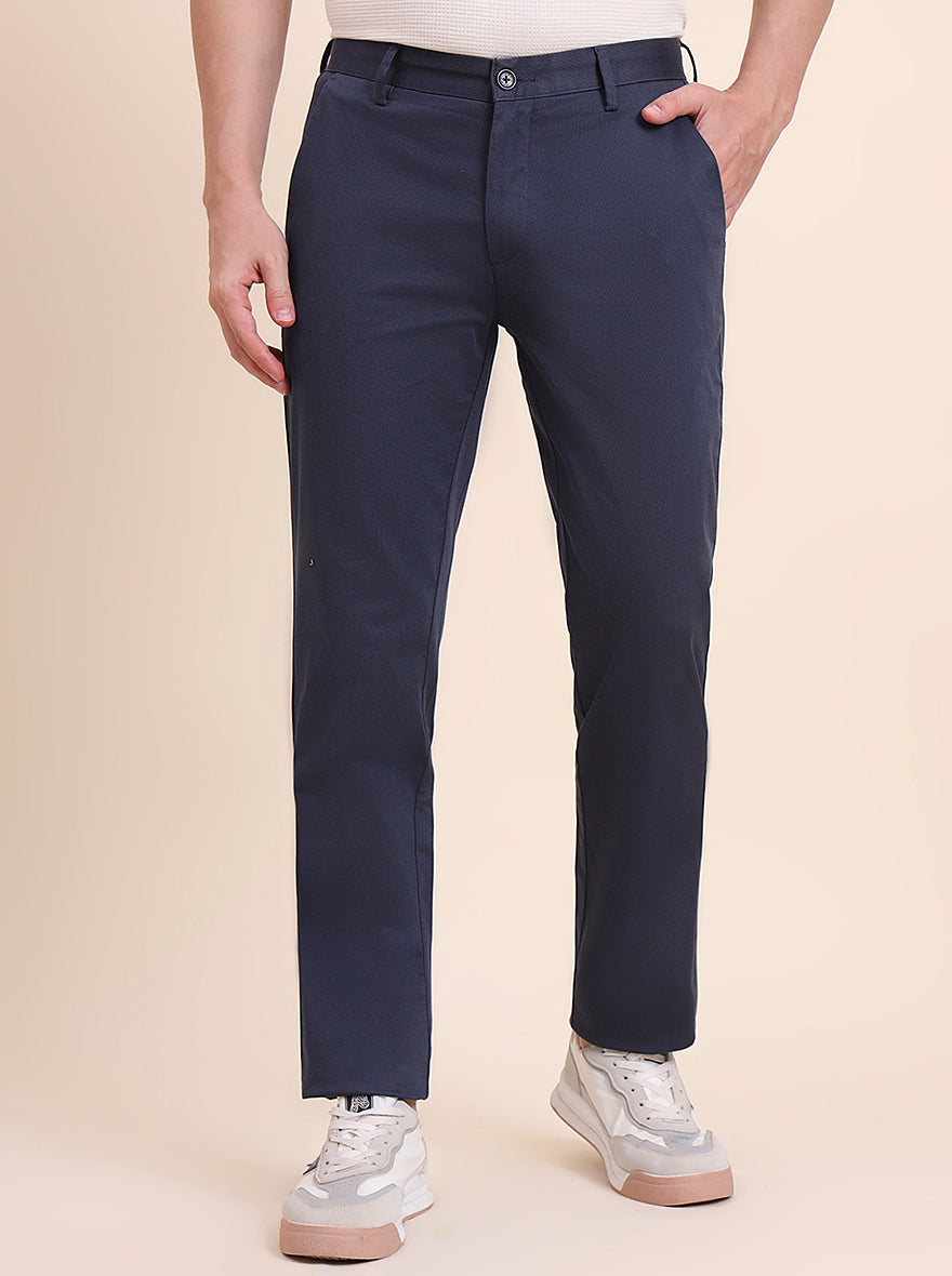 Navy Blue Printed Uno Fit Casual Trouser | JadeBlue