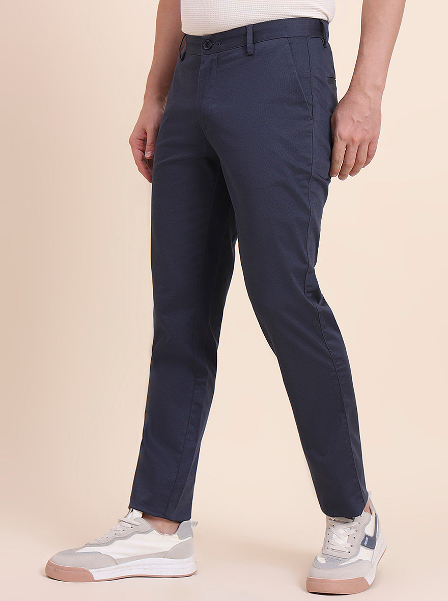 Navy Blue Printed Uno Fit Casual Trouser | JadeBlue