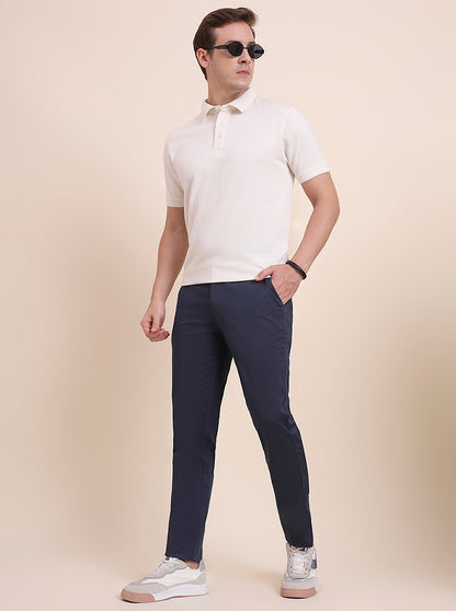 Navy Blue Printed Uno Fit Casual Trouser | JadeBlue