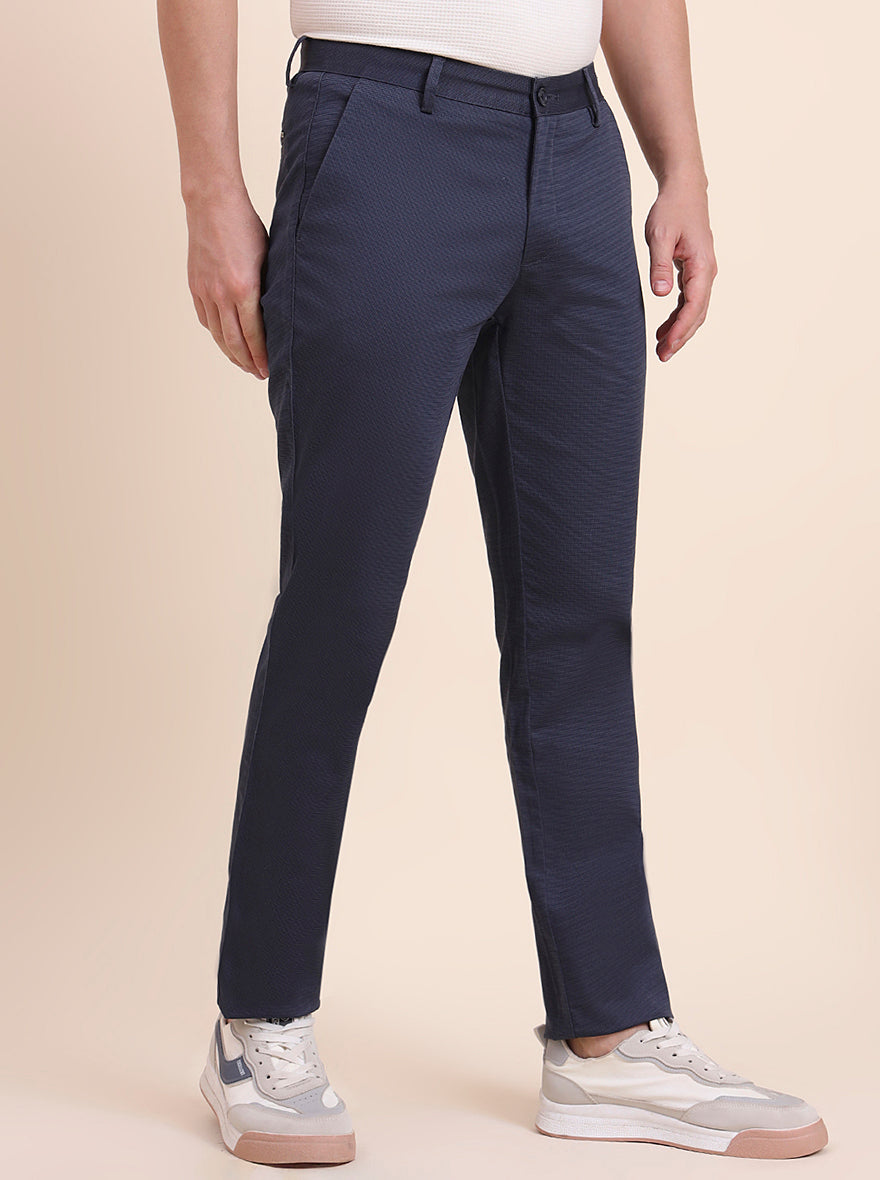 Navy Blue Printed Uno Fit Casual Trouser | JadeBlue