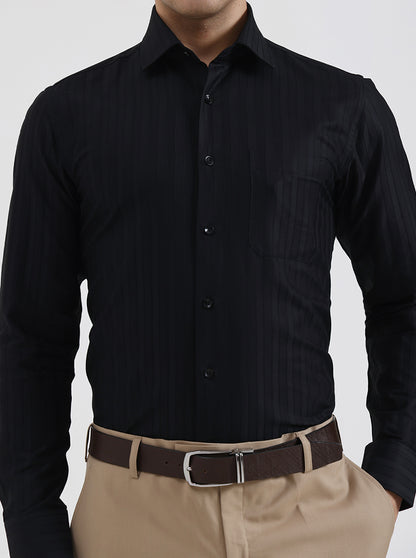 Black Striped Regular Fit Formal Shirt | JadeBlue Youth