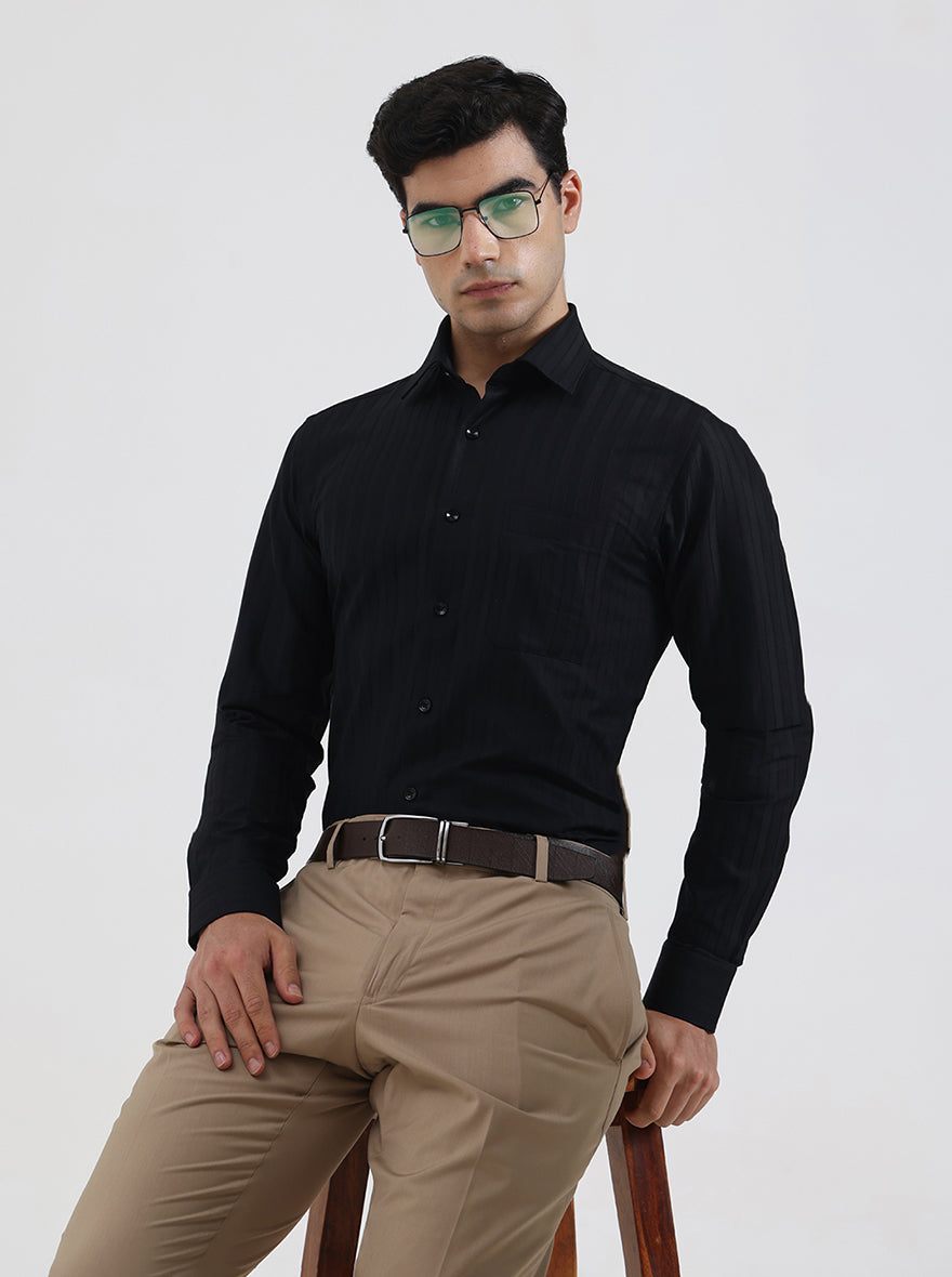 Black Striped Regular Fit Formal Shirt | JadeBlue Youth