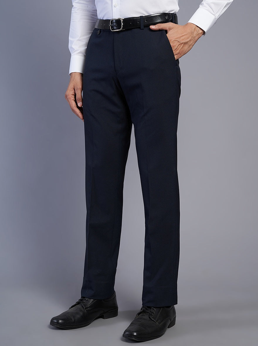 Navy Blue Solid Slim Fit Formal Trouser | JB Studio