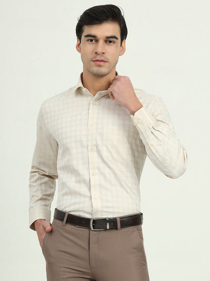 Cream Checked Regular Fit Formal Shirt | Greenfibre