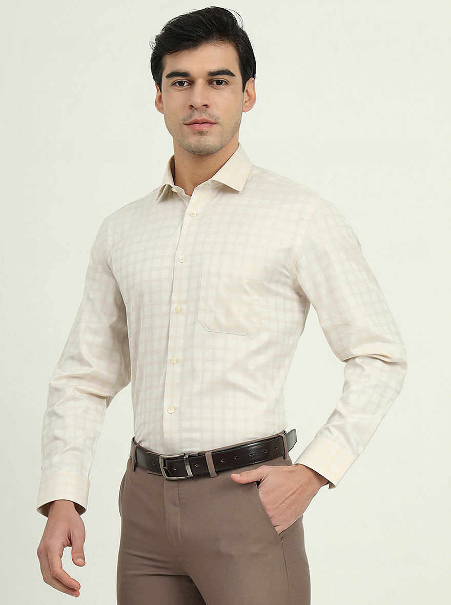 Cream Checked Regular Fit Formal Shirt | Greenfibre