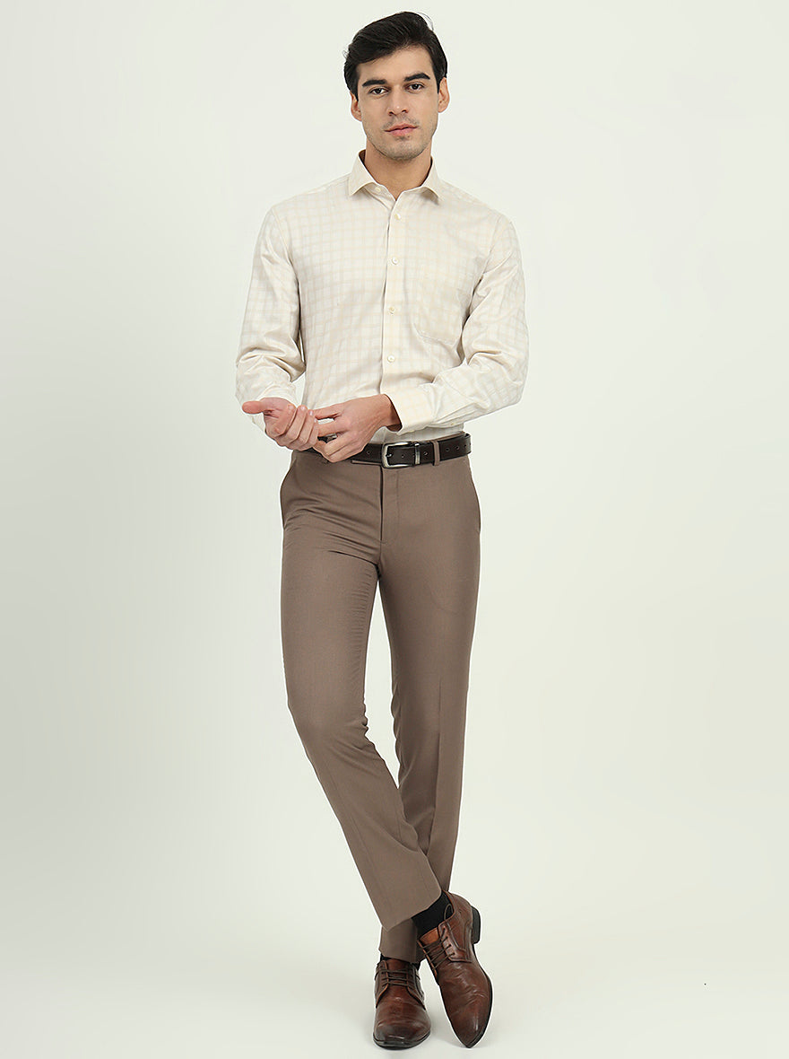 Cream Checked Regular Fit Formal Shirt | Greenfibre