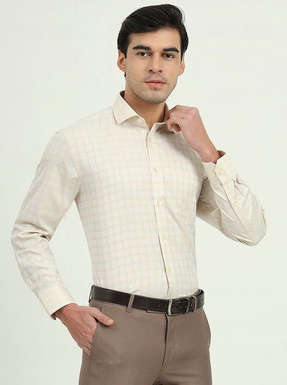 Cream Checked Regular Fit Formal Shirt | Greenfibre