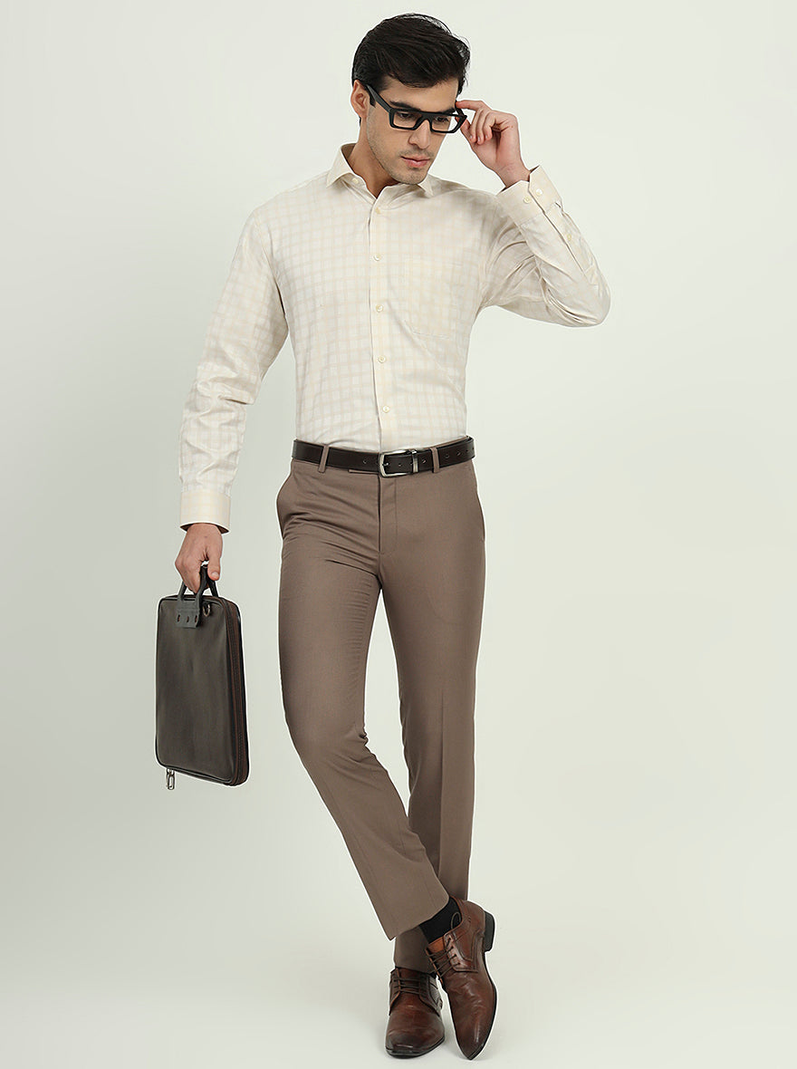 Cream Checked Regular Fit Formal Shirt | Greenfibre