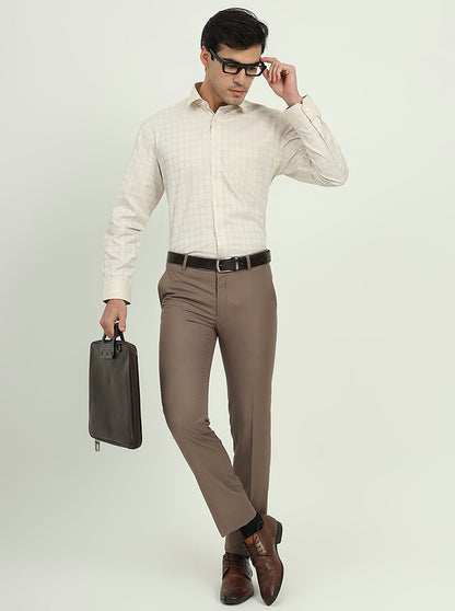 Cream Checked Regular Fit Formal Shirt | Greenfibre