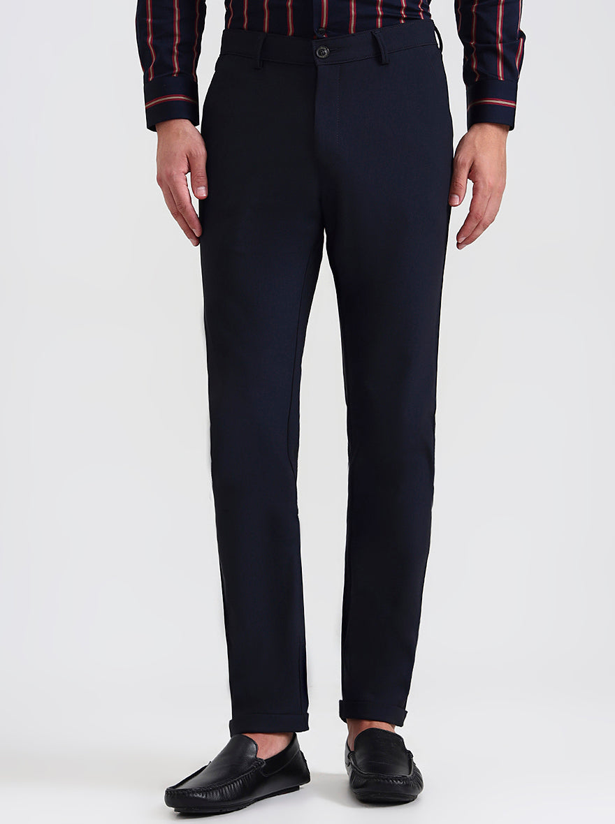 Navy Blue Solid Slim Fit Club Wear Trouser | Wyre