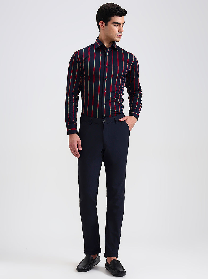 Navy Blue Solid Slim Fit Club Wear Trouser | Wyre