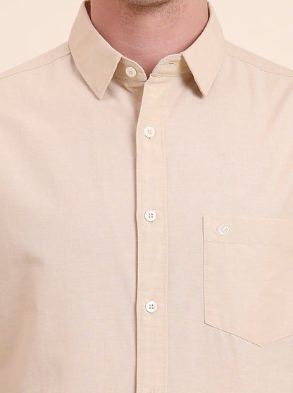 Beige Solid Slim Fit Casual Shirt | Greenfibre