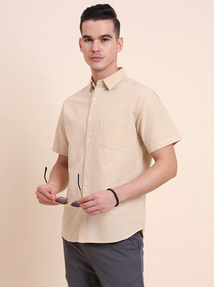 Beige Solid Slim Fit Casual Shirt | Greenfibre