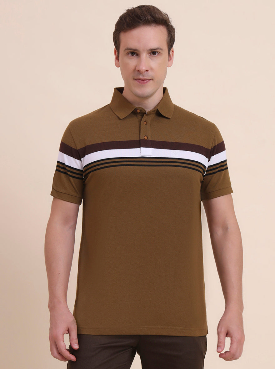 Khaki & White Striped Slim Fit Polo T-Shirt | JadeBlue