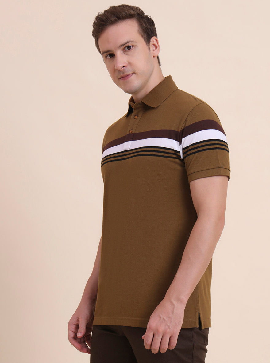 Khaki & White Striped Slim Fit Polo T-Shirt | JadeBlue