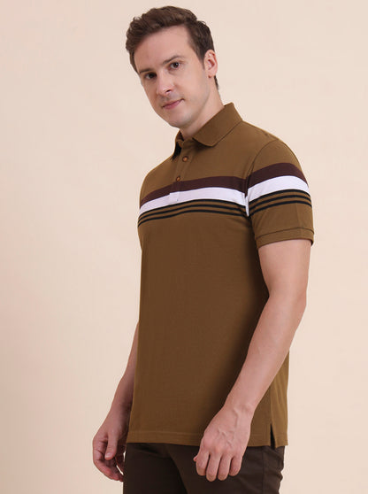 Khaki & White Striped Slim Fit Polo T-Shirt | JadeBlue