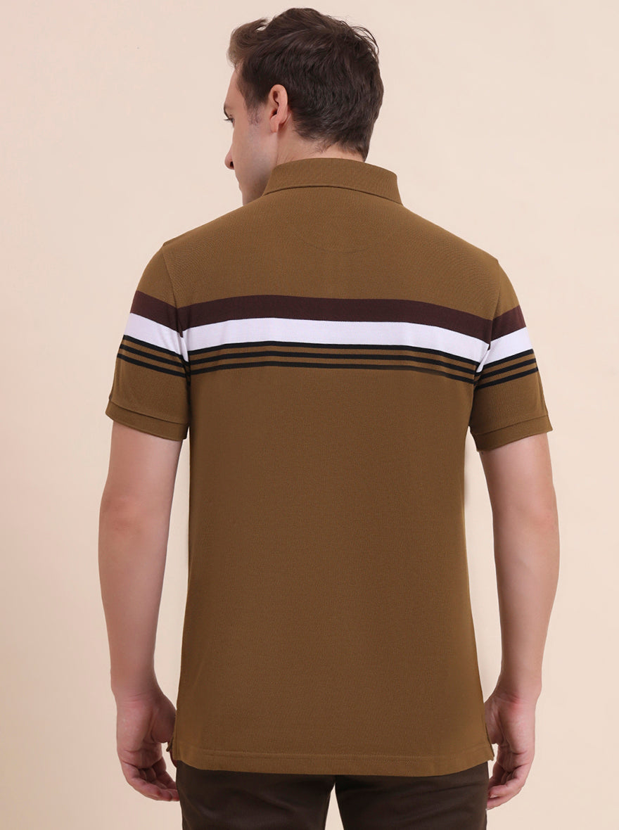 Khaki & White Striped Slim Fit Polo T-Shirt | JadeBlue