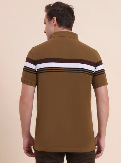 Khaki & White Striped Slim Fit Polo T-Shirt | JadeBlue