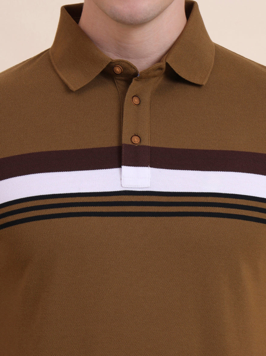 Khaki & White Striped Slim Fit Polo T-Shirt | JadeBlue