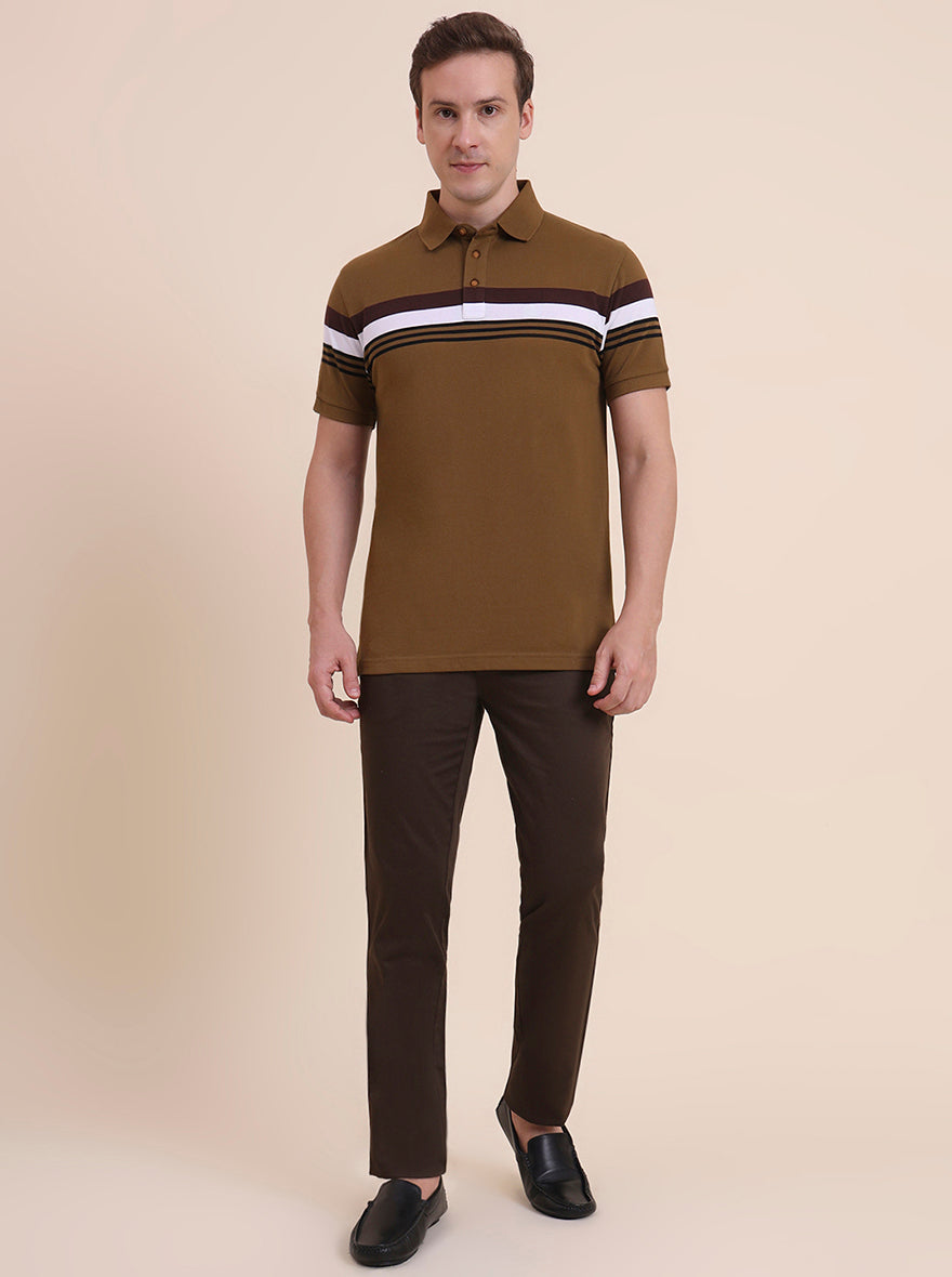Khaki & White Striped Slim Fit Polo T-Shirt | JadeBlue