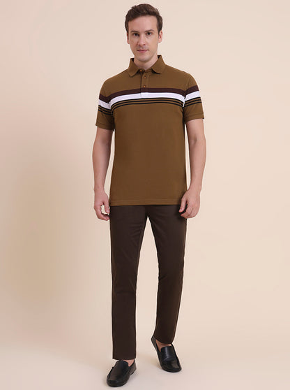 Khaki & White Striped Slim Fit Polo T-Shirt | JadeBlue