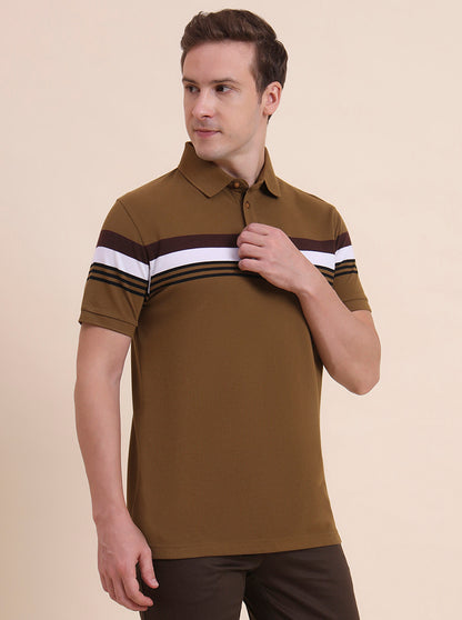 Khaki & White Striped Slim Fit Polo T-Shirt | JadeBlue